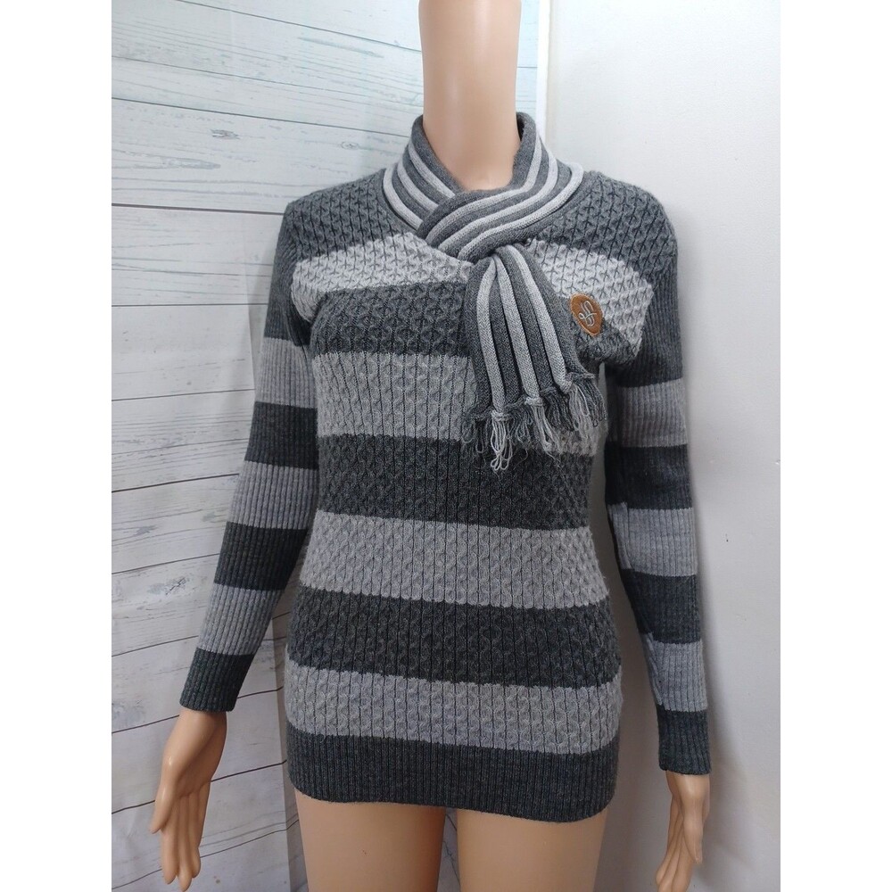 Sebat Triko Sweater White Pullover Sz S Gray V Neck Elbow Patches Striped
